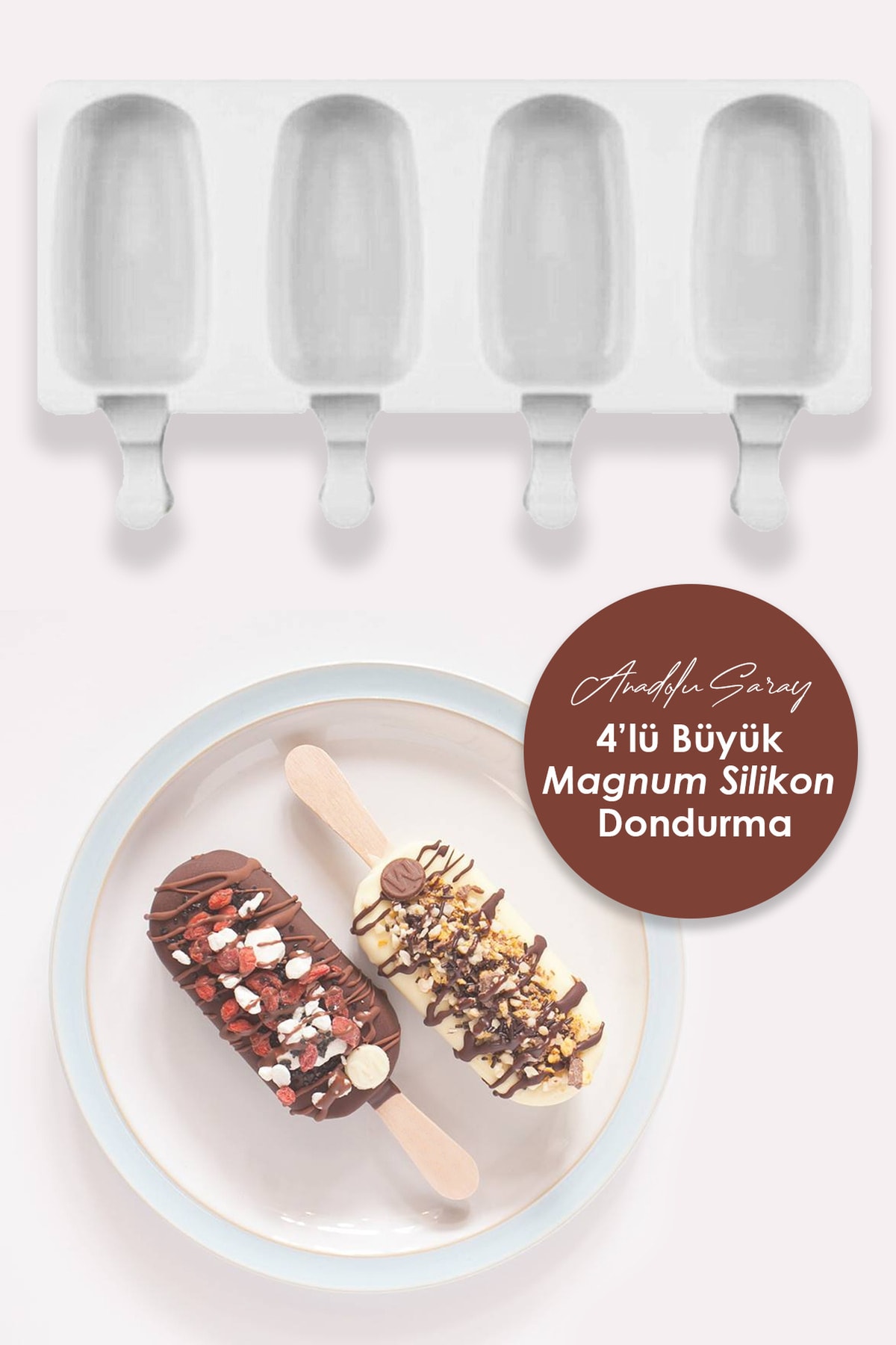 Anadolu Saray Çarşısı Pratik Beyaz Silikon 4'lü Büyük Boy Magnum Dondurma Kalıbı | Magnum Dondurma Kalıbı Büyük Boy - 1