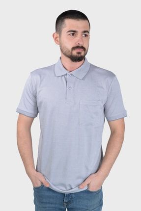 Erkek Gri Düz Cepli Polo Yaka Pamuklu T-shirt 5279