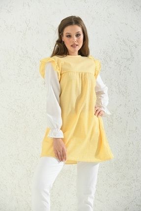 Omuzları Fırfırlı Kolları Gömlek Detaylı Sarı Kadın Tunik BRVS-3037