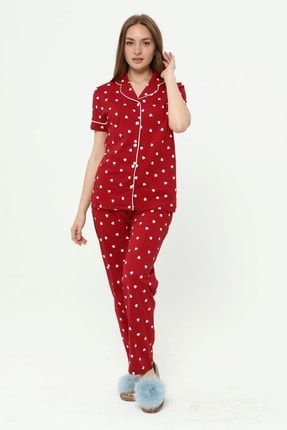 Kalp Desenli Kısa Kollu Kırmızı Kadın Pijama Takımı - Ldn1091 LDN1091
