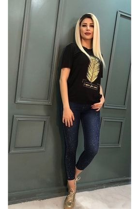 Gold Yaprak Baskılı Kadın T-shirt Siyah MEK-1002