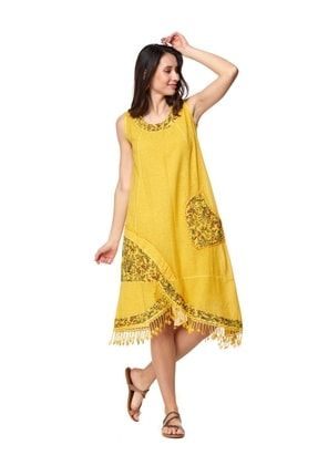 Şile Bezi Sarı Kolsuz Saçaklı Elbise 923.04