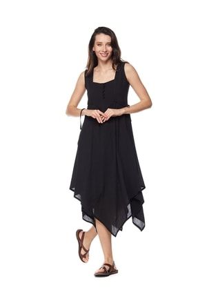 Şile Bezi Siyah Asimetrik Düğmeli Elbise 123.02