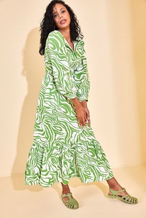 Kadın Yeşil Eteği Fırfırlı Desenli Maxi Elbise 2YZK6-12754-08