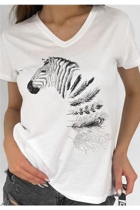 Kadın V Yaka Zebra Pul Işleme Tişört laderrazebratişört