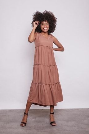Kadın Tarçın Renk Iç Göstermez V Yaka Omuzları Bağcıklı Katkat Fırfırlı Uzun Yazlık Elbise 50117