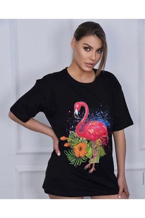 Kadın Flamingo Baskılı Siyah T-shirt P4172S1633
