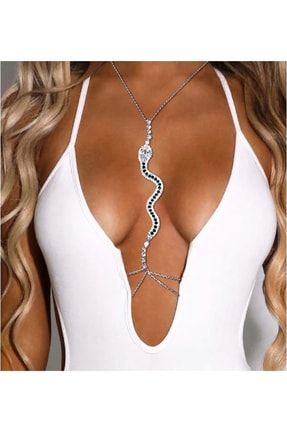 Silver Kristal Siyah Taşlı Yılan Vücut Aksesuarı Göğüs Bikini Sütyen Zinciri TSY00116