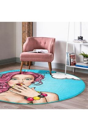 Pop Art Desen Turkuaz Çocuk Ve Genç Odası Yıkanabilir Kaymaz Tabanlı Yuvarlak Halı HaliYuv-Comfort-739