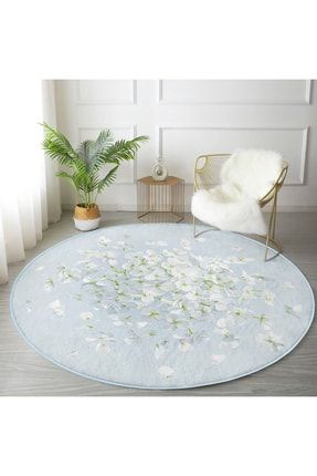 Renkli Zeminli Beyaz Ortanca Çiçek Desenli Lacivert Salon Ve Oturma Odası Kaymaz Taban Yuvarlak Halı HaliYuv-Comfort-8924