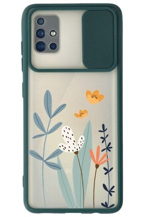 Samsung Galaxy A71 Koyu Yeşil Kamera Korumalı Sürgülü Çiçek Baskılı Silikon Kılıf çiçekslider_187