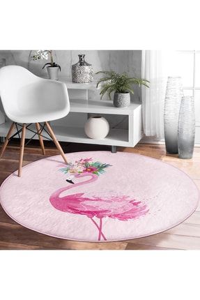 Pembe Flamingo Motifli Dijital Baskılı Yatak Odası Yıkanabilir Kaymaz Tabanlı Yuvarlak Halı HaliYuv-Comfort-Ryl61
