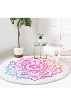 Beyaz Zemin Pembe Mavi Mandala Desenli Özel Tasarım Oturma Odası Yıkanabilir Kaymaz Taban Oval Halı HaliYuv-Comfort-5136