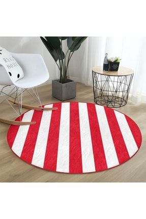 Kırmızı Beyaz Düz Çizgi Tasarımlı Bordo Salon Ve Oturma Odası Yıkanabilir Kaymaz Taban Yuvarlak Halı HaliYuv-Comfort-9403
