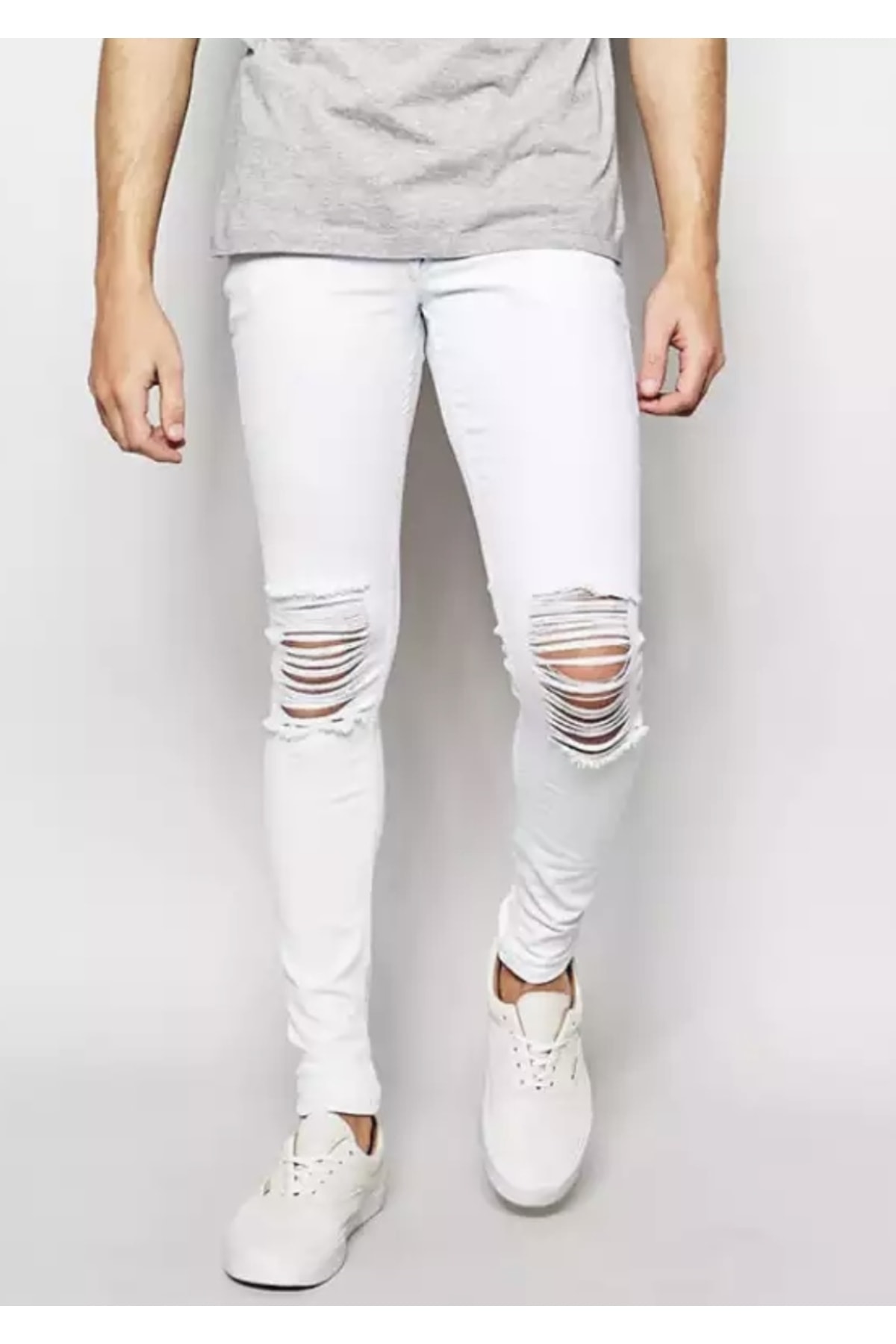 AMOR MAN Özel Tasarım Sıralı Yırtık Detaylı Marjinal Slim Fit Erkek Jeans Kot Pantolon