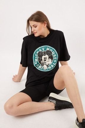 Miki Mouse Baskılı Oversize Siyah T-shirt T035