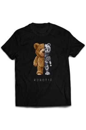 Bear Robotic Baskılı Oversize Siyah T-shirt T108