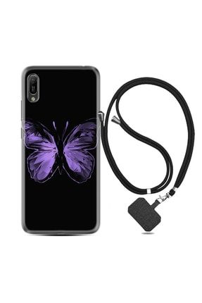 Huawei Y6 2019 Kılıf Resimli Desenli Silikon Boyun Askılı Black Butterfly 1879 ipliyenidefneseri41pl5