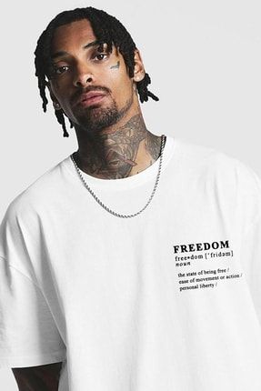 Freedom Baskılı Oversize Beyaz T-shirt TYC00454617909