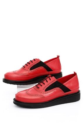 Kırmızı Antik Gön Hakiki Deri Yuvarlak Burun Dolgu Taban Bağcıklı Lastikli Kadın Ayakkabı 24084 GDZA13424084
