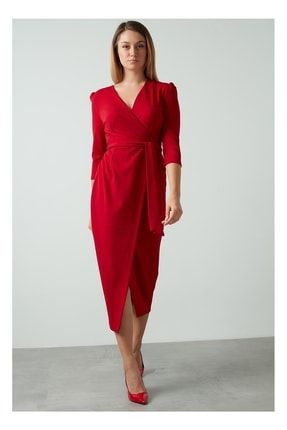 Kadın Kırmızı Kruvaze Avelop Truvakar Krep Şık Elbise YT61246