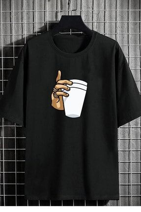 Unisex Oversize T-shirt Bardak Ön Baskılı Siyah deep-bardak