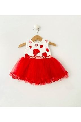 Kız Bebek Kalpli Pamuk Astarlı Kırmızı Elbise 1005836