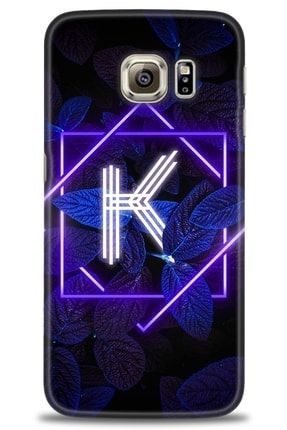 Samsung Galaxy S6 Edge Kılıf Hd Baskılı Kılıf - Dark Neon Yaprak K Harfi + Temperli Cam mmsm-s6-edge-v-64-cm