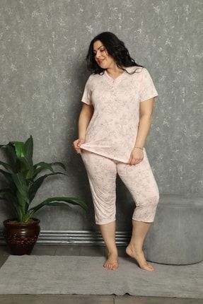 Kadın Kapri Pijama Takımı Düğmeli V Yaka Dantelli AE1