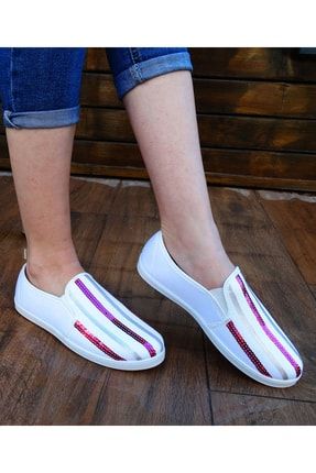 Beyaz Kadın Pullu Keten Günlük Ayakkabı SNX30024