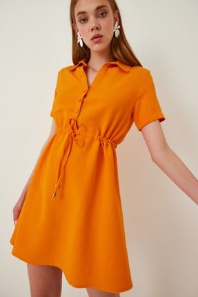 Kadın Oranj Gömlek Yaka Keten Elbise HF00363