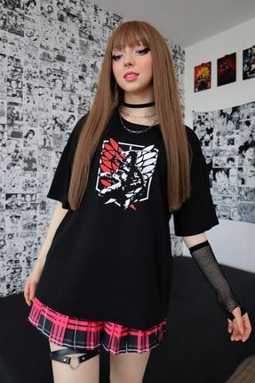 Siyah Unisex Anime Kırmızı Attack On Titan Tişört EFBUTIK6927