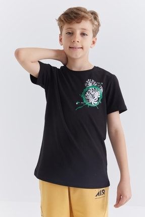 Siyah Baskılı O Yaka Kısa Kollu Standart Kalıp Erkek Çocuk T-shirt - 10867 T09EG-10867