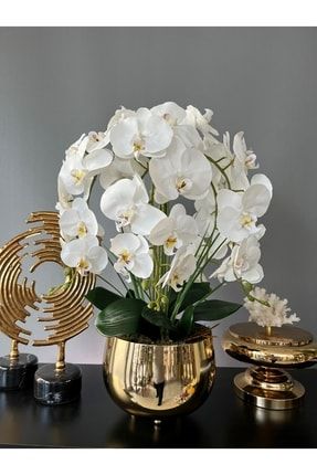 6 Dal Luxury Islak Beyaz Orkide Aranjman Japon Model Parlak Gold Renk Saksı LLTH5LX02