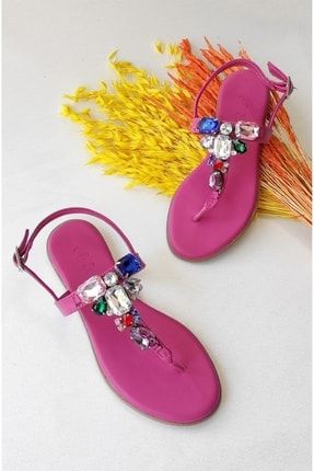 Kadın Hakiki Deri Renkli Taşlı Sandalet OF224100