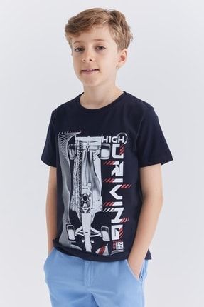 Lacivert Baskılı Kısa Kol Standart Kalıp O Yaka Erkek Çocuk T-shirt T09EG-10866