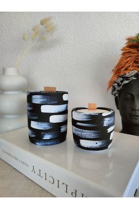 Dekoratif %100 Soya Wax Sandal & Amber Kokulu Bambu Fitilli Aromaterapi Mum Siyah Beyaz Set 2'li 200