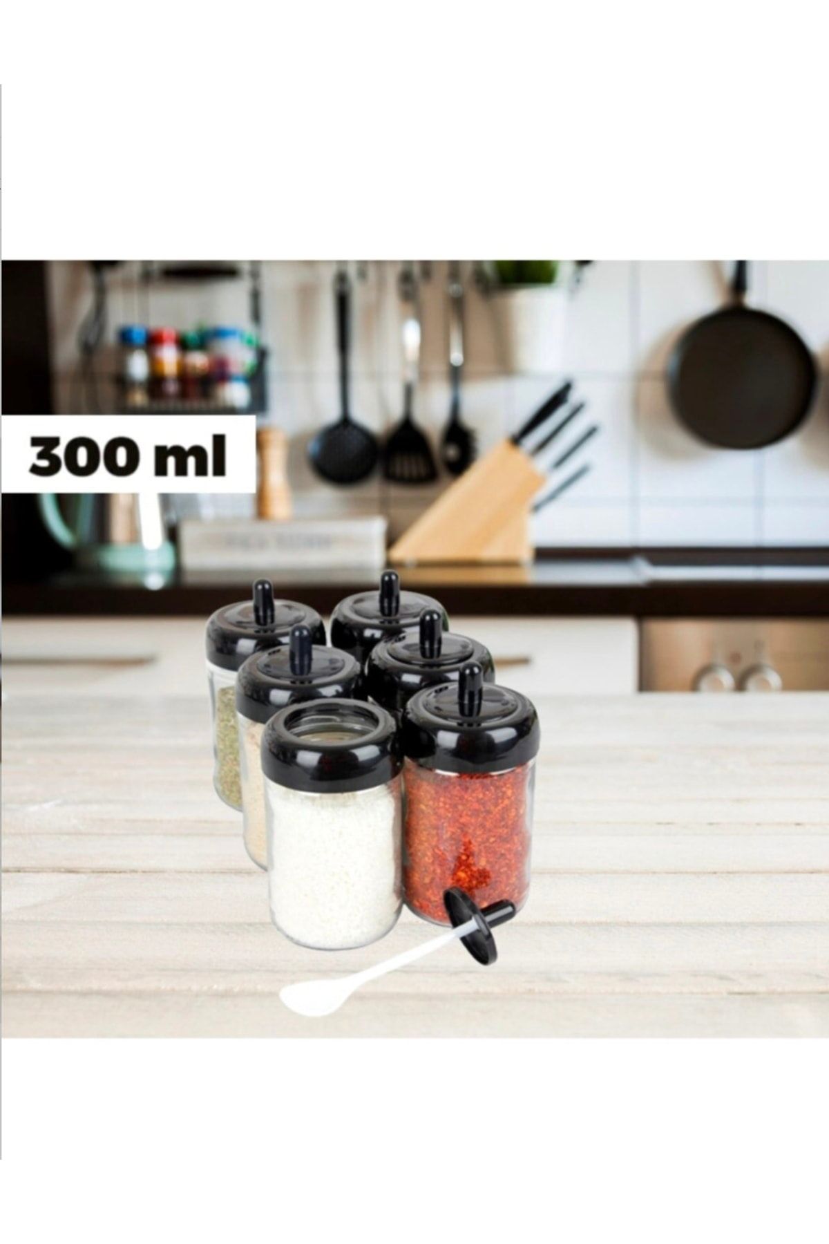 Veliday 6 Piece Spice Jar Set with Lid and Spoon Glass Jar 300 Ml Black