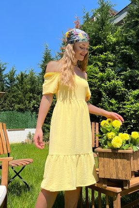 Kadın Sarı Yaka Ve Kol Lastikli Aerobin Midi Boy Elbise RD06898