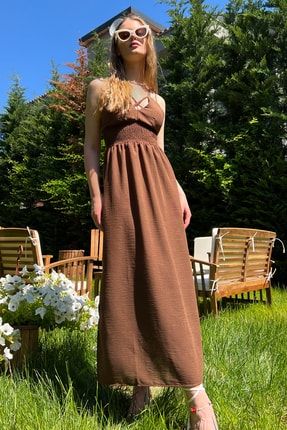 Kadın Kahverengi Etnik Desenli Beli Gipeli Astarlı Yandan Yırtmaçlı Tasarım Keten Elbise SF08014