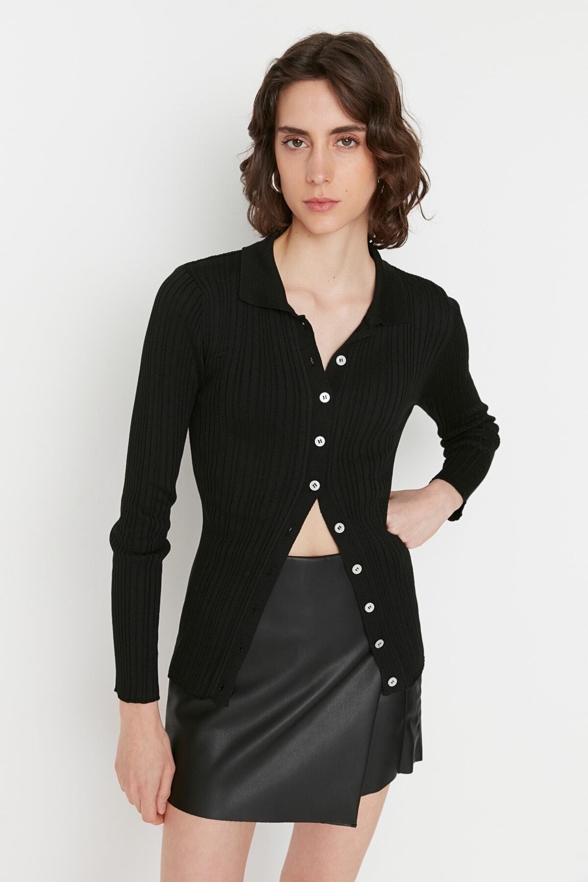 Trendyolmilla  Siyah Merserize Görünümlü Fitilli Polo Yaka Triko Hırka TWOAW20HI0070 - Görsel 2