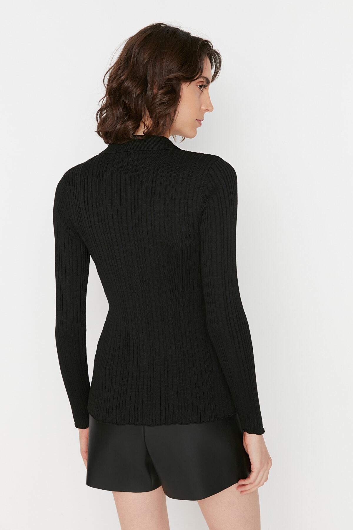 Trendyolmilla  Siyah Merserize Görünümlü Fitilli Polo Yaka Triko Hırka TWOAW20HI0070 - Görsel 5