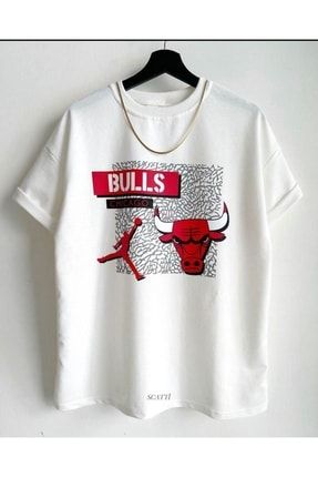 Erkek Beyaz Kırmızı Baskılı Bulls Oversize Bisiklet Yaka T-shirt TYC00456359146