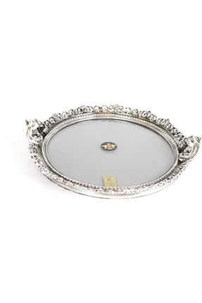 Dekoratif Yuvarlak Büyük Ayna Silver Tepsi Nişan Söz 42x39cm TYL000180N