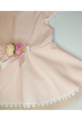 Küçük Kareler Desenli Astarlı Dantelli Çiçek Aksesuarlı Kız Bebek Zarif Abiye Elbise dand11kd