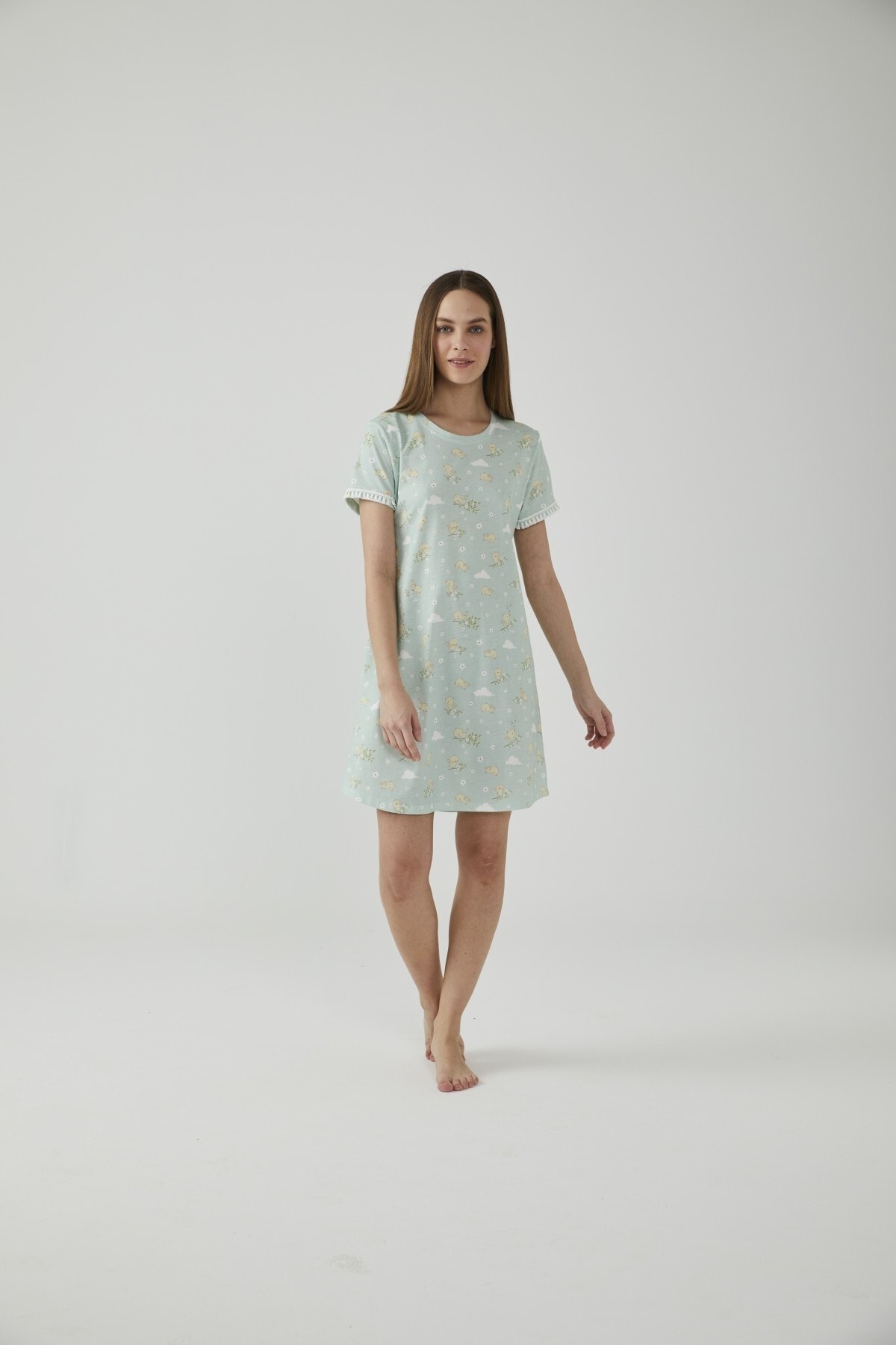 Pamuk Pamuk Yeşil Kısa Kollu Kuş Desenli Gecelik