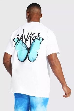 Erkek Beyaz Oversize Savage Butterfly Baskılı T-shirt VBS-BUTTERFLY