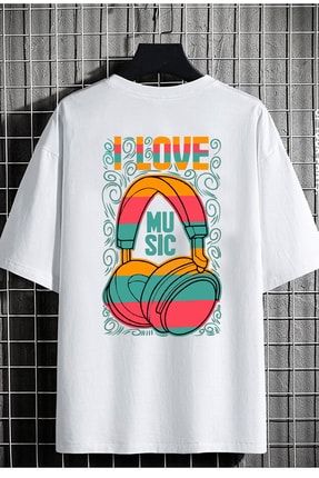 Erkek Oversize Beyaz Renkli T-shirt I Love Music Baskılı SPX202211