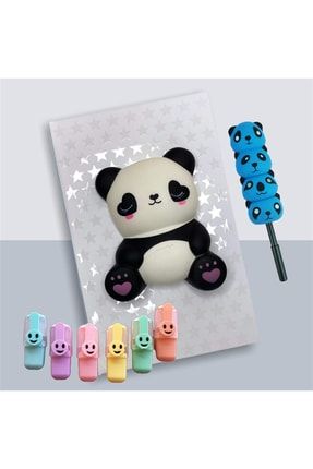 Gülen Yüz Pastel Mini 6'lı Fosforlu Kalem Ve Mavi Panda Squishy Seti TYC00456941391
