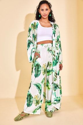 Kadın Yeşil Desenli İkili Kimono Takım 2YZK4-12790-08